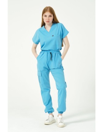 Pratik Medikal Likralı Scrubs Kargo Cep Jogger Paça Doktor Hemşire Forması Yarasa Kol Takım Unisex - Bebe Mavi