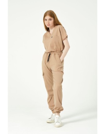 Pratik Medikal Likralı Scrubs Kargo Cep Jogger Paça Doktor Hemşire Forması Yarasa Kol Takım Unisex - Bej