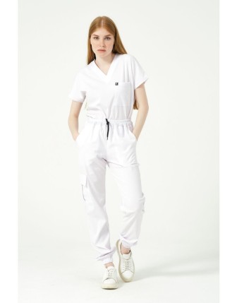 Pratik Medikal Likralı Scrubs Kargo Cep Jogger Paça Doktor Hemşire Forması Yarasa Kol Takım Unisex - Beyaz