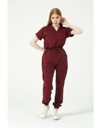 Pratik Medikal Likralı Scrubs Kargo Cep Jogger Paça Doktor Hemşire Forması Yarasa Kol Takım Unisex - Bordo