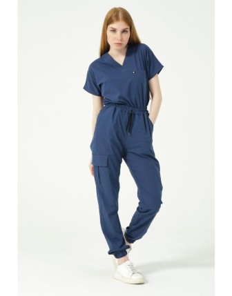 Pratik Medikal Likralı Scrubs Kargo Cep Jogger Paça Doktor Hemşire Forması Yarasa Kol Takım Unisex - Fırtına Mavi