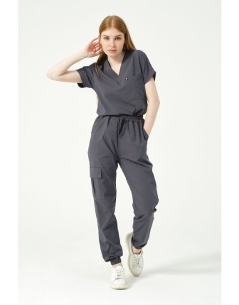 Pratik Medikal Likralı Scrubs Kargo Cep Jogger Paça Doktor Hemşire Forması Yarasa Kol Takım Unisex - Füme