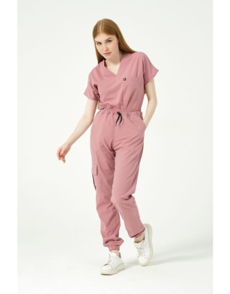 Pratik Medikal Likralı Scrubs Kargo Cep Jogger Paça Doktor Hemşire Forması Yarasa Kol Takım Unisex - Gül Kurusu