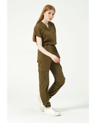 Pratik Medikal Likralı Scrubs Kargo Cep Jogger Paça Doktor Hemşire Forması Yarasa Kol Takım Unisex - Haki