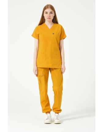 Pratik Medikal Likralı Scrubs Kargo Cep Jogger Paça Doktor Hemşire Forması Yarasa Kol Takım Unisex - Hardal