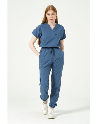 Pratik Medikal Likralı Scrubs Kargo Cep Jogger Paça Doktor Hemşire Forması Yarasa Kol Takım Unisex - İndigo