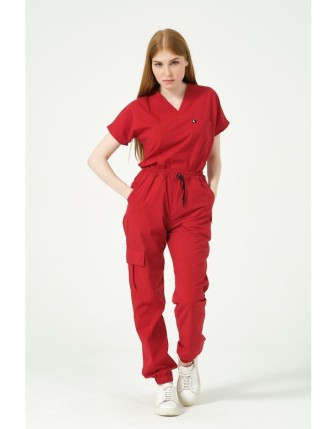 Pratik Medikal Likralı Scrubs Kargo Cep Jogger Paça Doktor Hemşire Forması Yarasa Kol Takım Unisex - Kırmızı