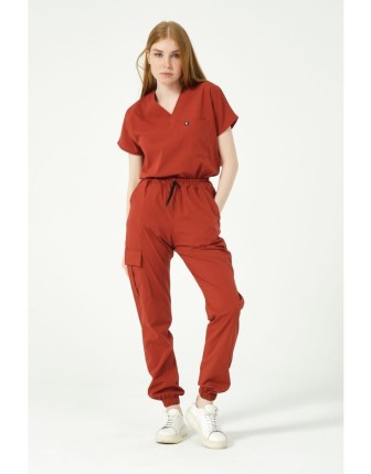 Pratik Medikal Likralı Scrubs Kargo Cep Jogger Paça Doktor Hemşire Forması Yarasa Kol Takım Unisex - Kiremit