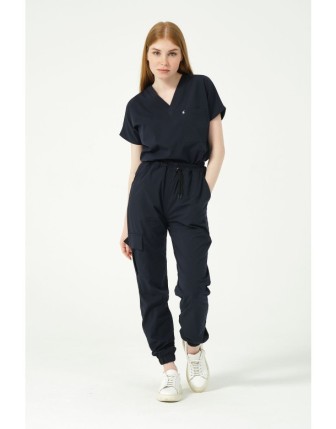 Pratik Medikal Likralı Scrubs Kargo Cep Jogger Paça Doktor Hemşire Forması Yarasa Kol Takım Unisex - Lacivert