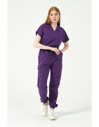 Pratik Medikal Likralı Scrubs Kargo Cep Jogger Paça Doktor Hemşire Forması Yarasa Kol Takım Unisex - Mor
