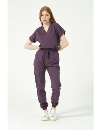 Pratik Medikal Likralı Scrubs Kargo Cep Jogger Paça Doktor Hemşire Forması Yarasa Kol Takım Unisex - Mürdüm