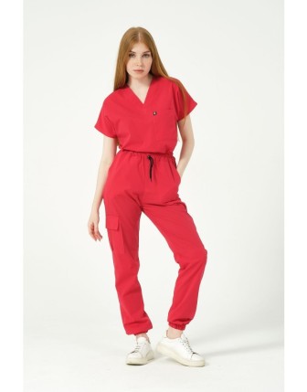 Pratik Medikal Likralı Scrubs Kargo Cep Jogger Paça Doktor Hemşire Forması Yarasa Kol Takım Unisex - Nar Çiçeği