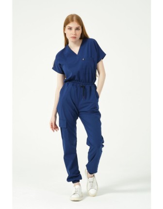 Pratik Medikal Likralı Scrubs Kargo Cep Jogger Paça Doktor Hemşire Forması Yarasa Kol Takım Unisex - Saks Mavi