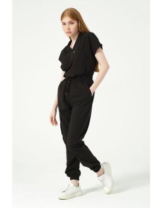 Pratik Medikal Likralı Scrubs Kargo Cep Jogger Paça Doktor Hemşire Forması Yarasa Kol Takım Unisex - Siyah