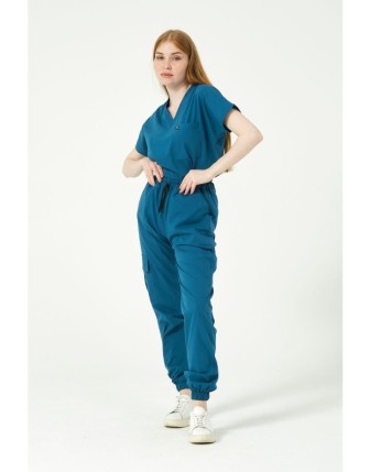 Pratik Medikal Likralı Scrubs Kargo Cep Jogger Paça Doktor Hemşire Forması Yarasa Kol Takım Unisex - Turkuaz