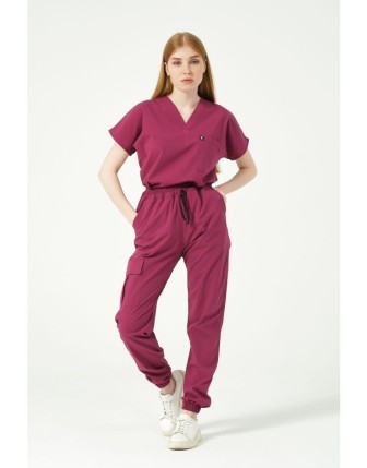 Pratik Medikal Likralı Scrubs Kargo Cep Jogger Paça Doktor Hemşire Forması Yarasa Kol Takım Unisex - Vişne