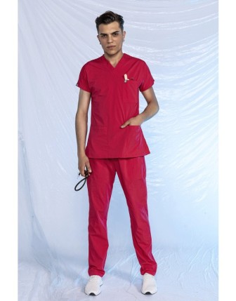 Likralı Yarasa Kol Scrubs Takım - Nar Çiçeği